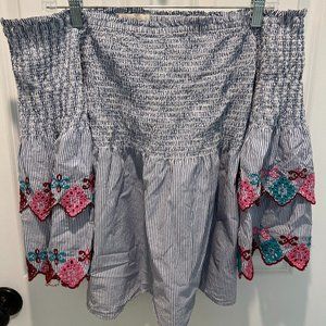 Loft Blue and White Striped Off Shoulder Shirt with Floral Details